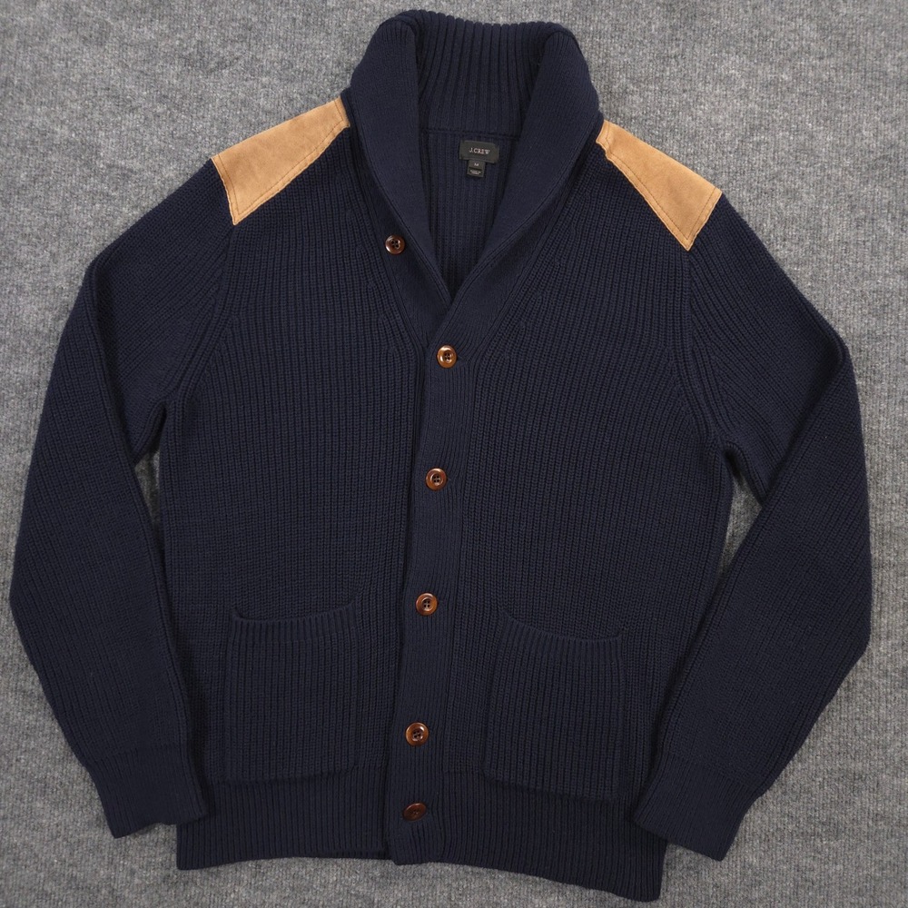 J Crew Woodsman Cardigan Sweater Mens M Navy Blue Shawl Collar Leather Patches